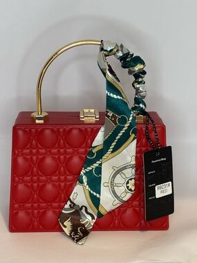 Red Quilted Handbag or Crossbody bag with Scarf Accent and Gold tone chain -NWT